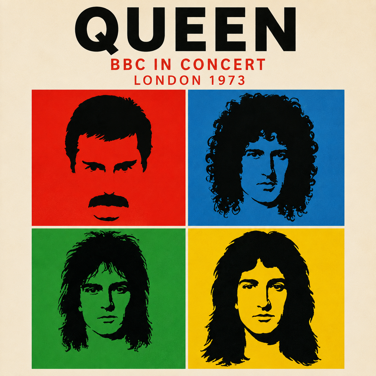 Poster of the band Queen with stylized paper cut out portraits of the band members in bold colors: red, blue, green, and yellow, with concert details from 1973.