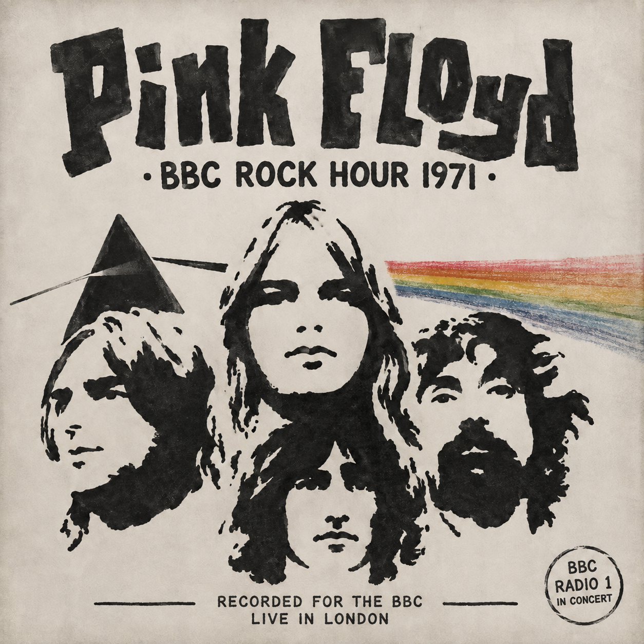 Black and white illustration of five faces with the text 'Pink Floyd' and 'BBC Rock Hour 1971'. A rainbow beam is coming from a prism on the right side, with additional text 'Recorded for the BBC Live in London' and 'BBC Radio 1 in Concert'.