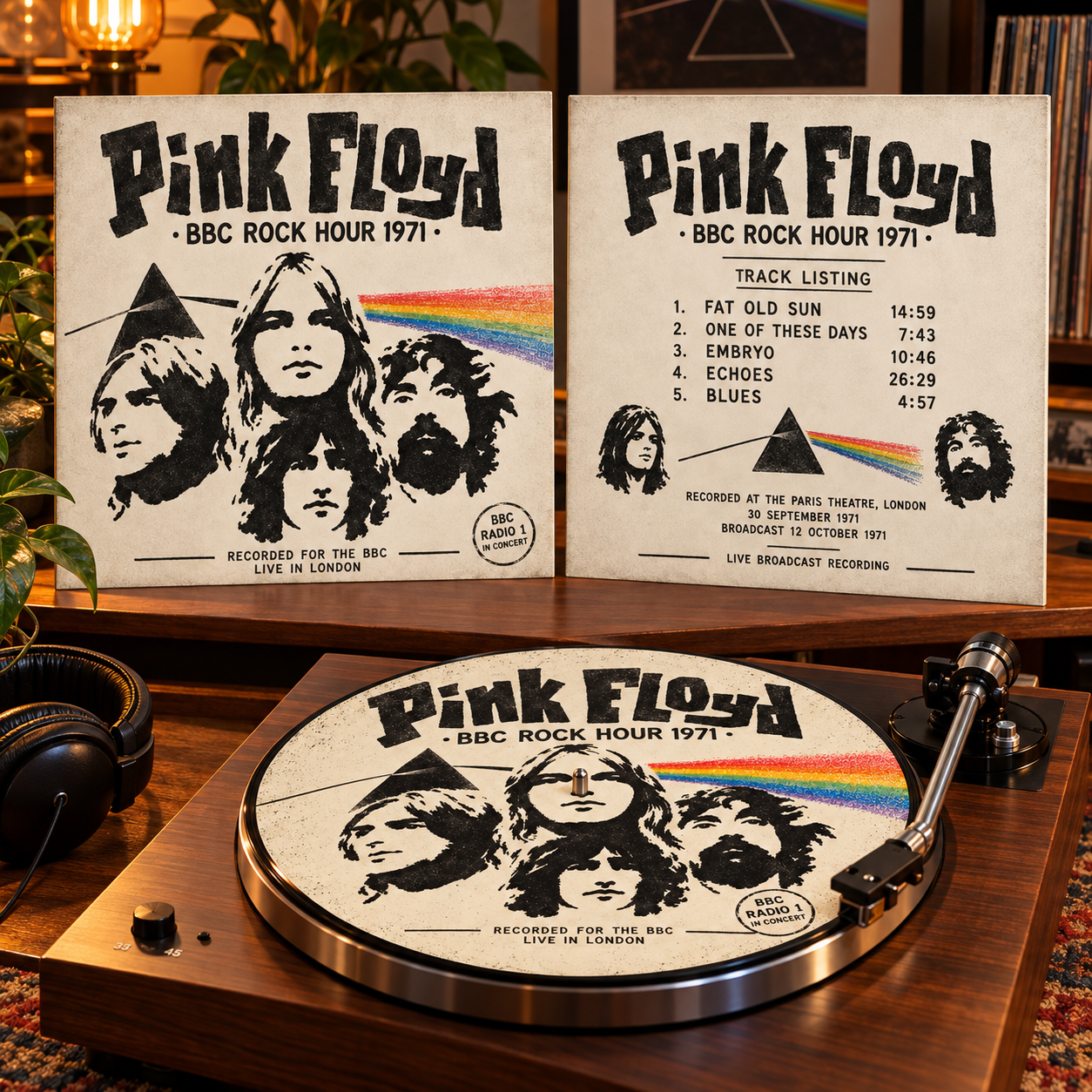 A vinyl record player on a wooden table playing a Pink Floyd record titled 'BBC Rock Hour 1971.' The record label features black and white illustrations of band members' faces with a rainbow-colored prism logo. Behind the record player, there are two posters also referencing Pink Floyd and the 'BBC Rock Hour 1971,' including track listings, recording details, and band illustrations. There is a pair of black headphones to the left of the record player and some houseplants and decorative items in the background.