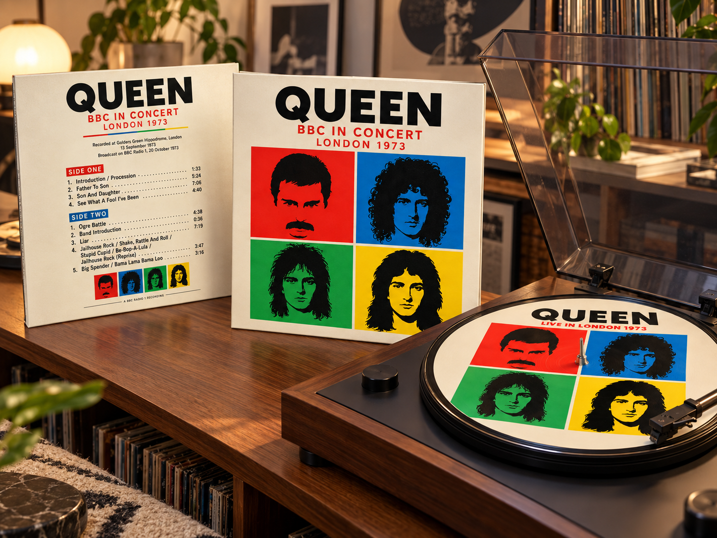 A vinyl record and album cover of Queen's live concert in London 1973 on a wooden table, with a playlist card listing the songs from the performance.