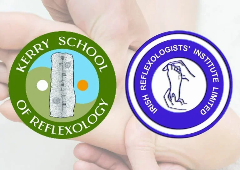 Two circular logos held between fingers. The left logo is green with a ruler and the text 'Kerry School of Reflexology.' The right logo is blue and white with a reflexology hand illustration and the text 'Irish Reflexologists' Institute Limited.'