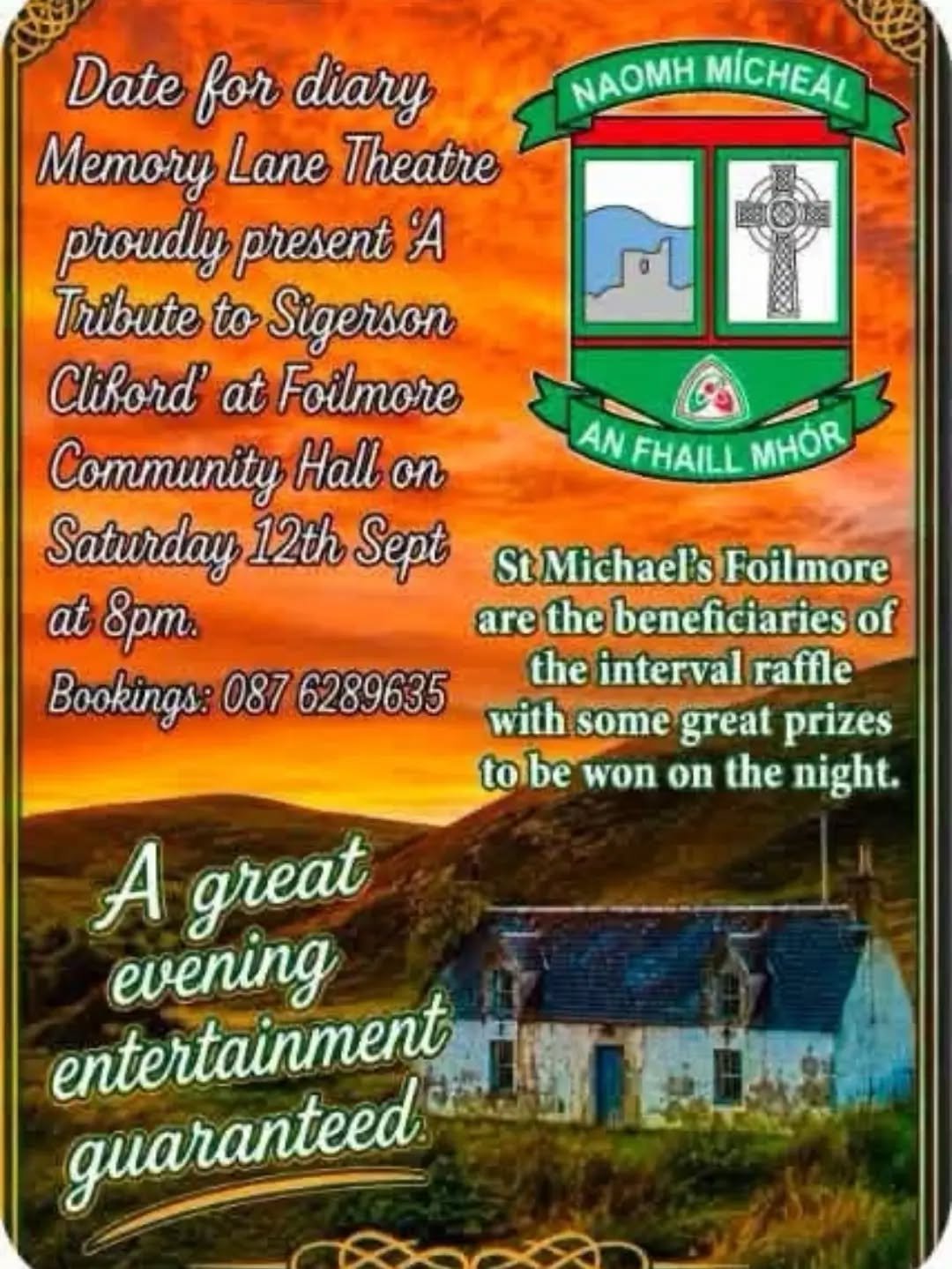 Poster for a tribute event at Foilmore Community Hall honoring Sigerson Clifton. The event is on September 12th at 8 pm, with booking contact 087 6289635. The poster features a sunset landscape with an old house and mountains, and a crest with a river and cross symbols. The text highlights prizes and entertainment for the evening.