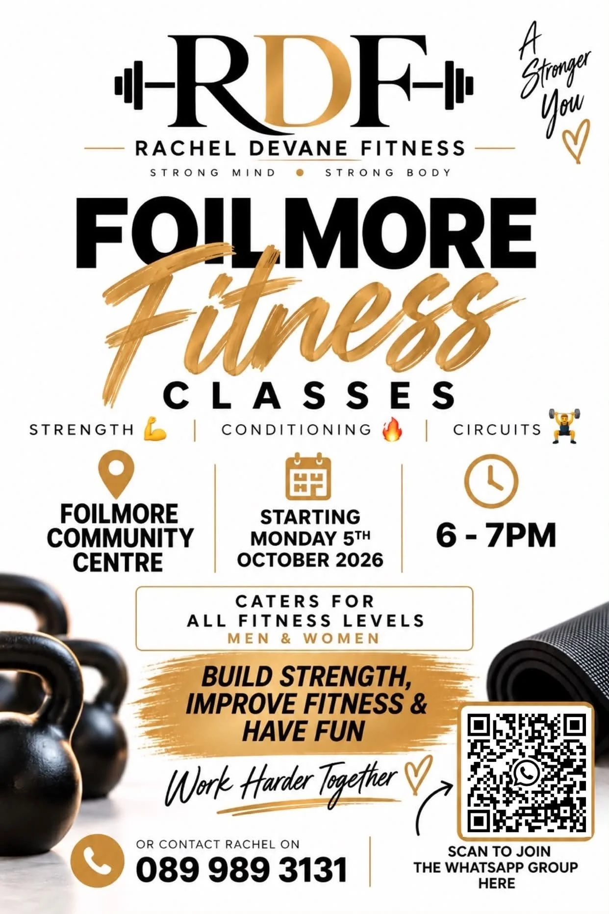 Flyer for Rachel Devane Fitness with info about fitness classes including strength, conditioning, and circuits at Foilmore Community Centre starting October 5, 2026, Monday 6-7 PM, for men and women, with a QR code and contact number.