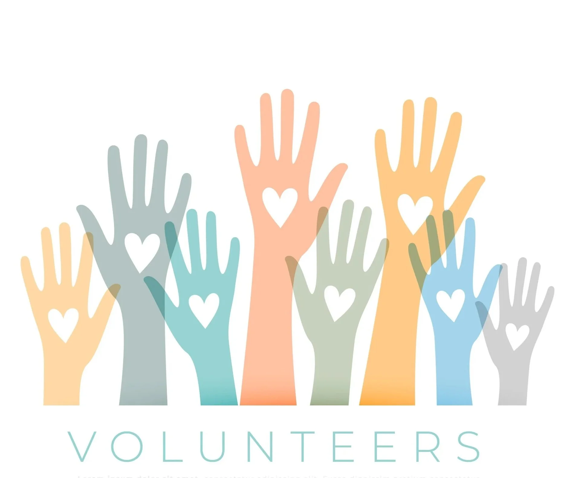 Multiple colorful hands with heart-shaped cutouts at the wrists, raised in the air, symbolizing volunteering and community effort.