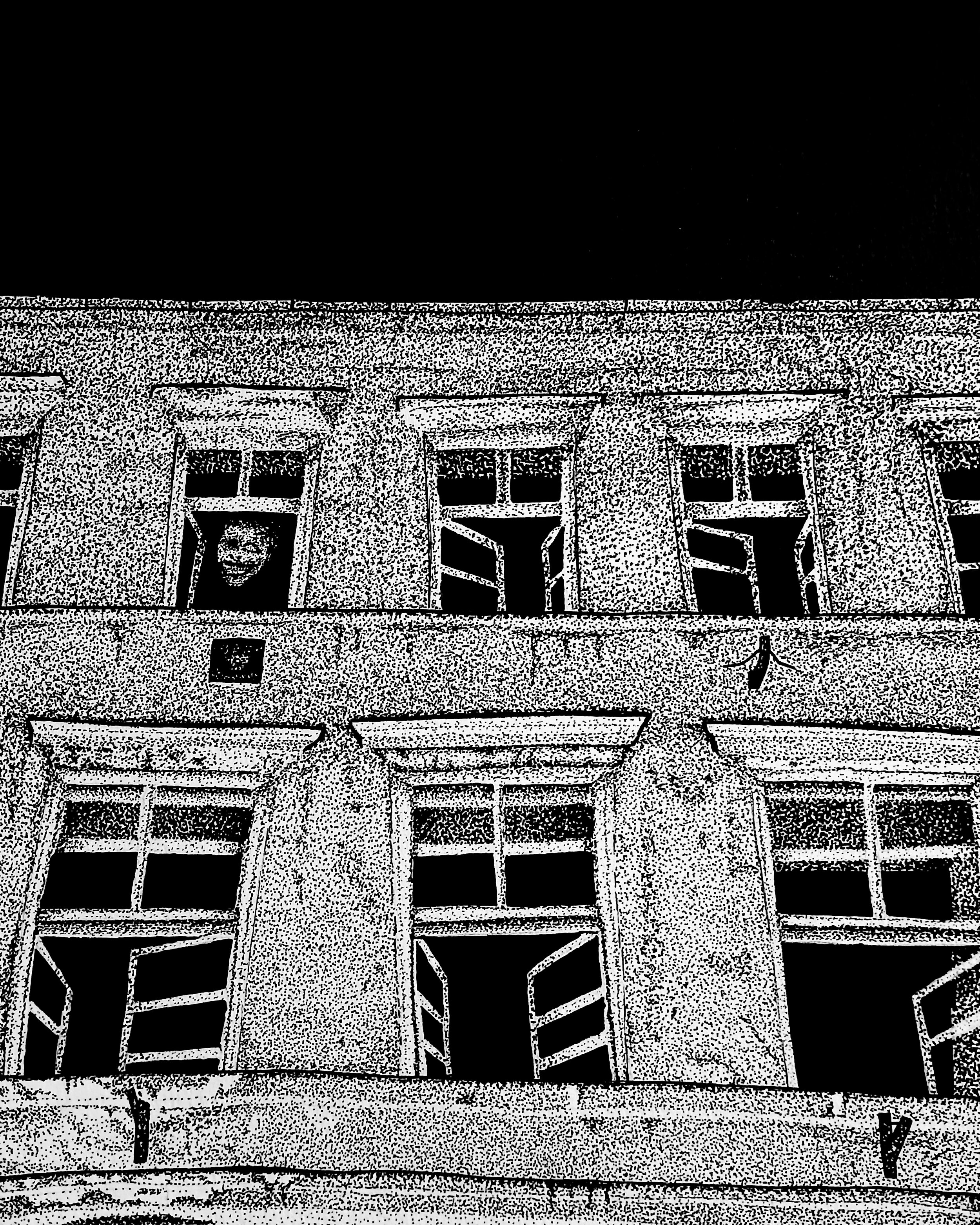 An eerie black-and-white, pointillist-style illustration of a old building in Central Europe at night and an uncanny person looking down from one window.