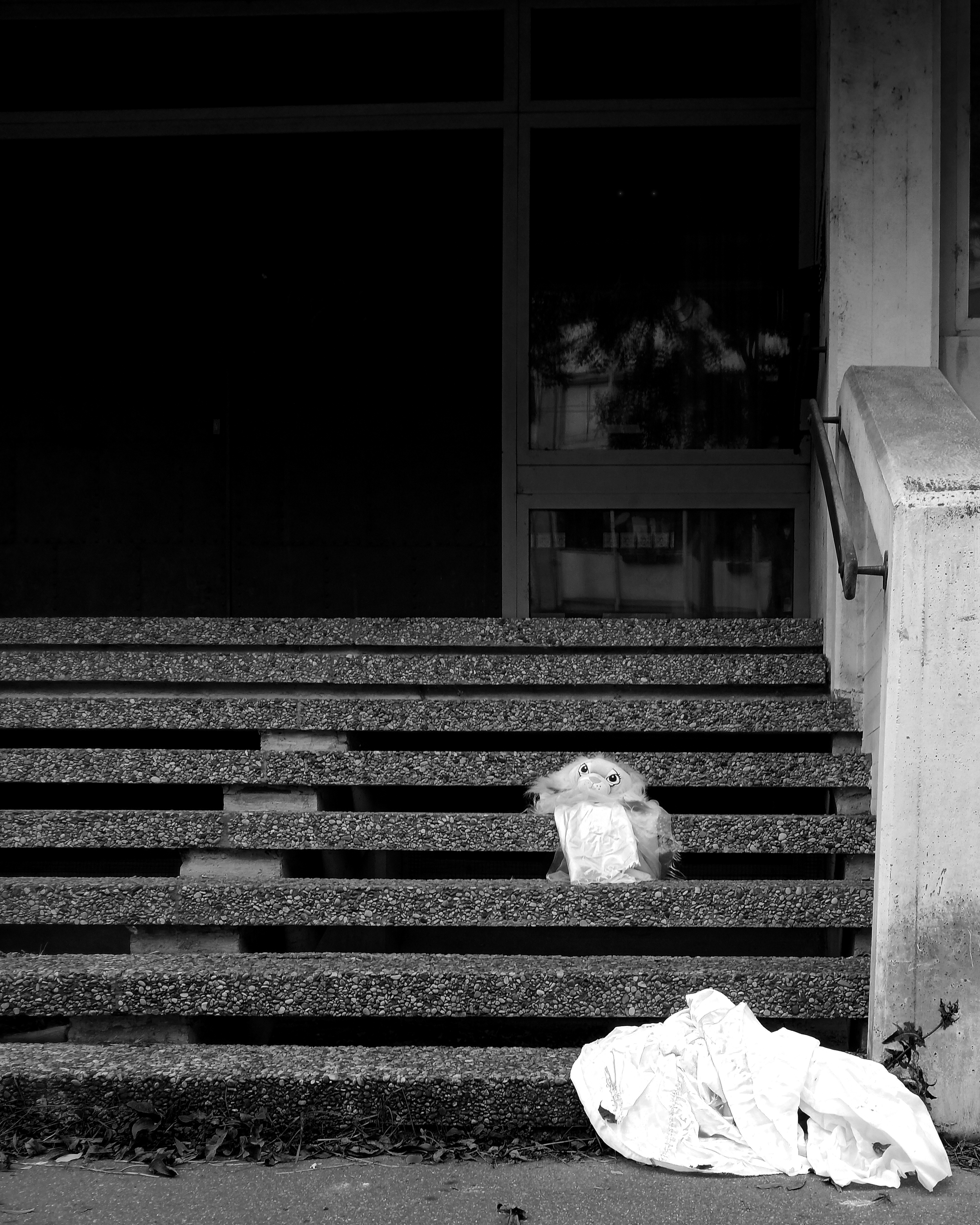 On a staircase a stuffed animal and children's clothes lie scattered, seemingly lost. The stairs lead to a dark interior, the atmosphere is oppressive.