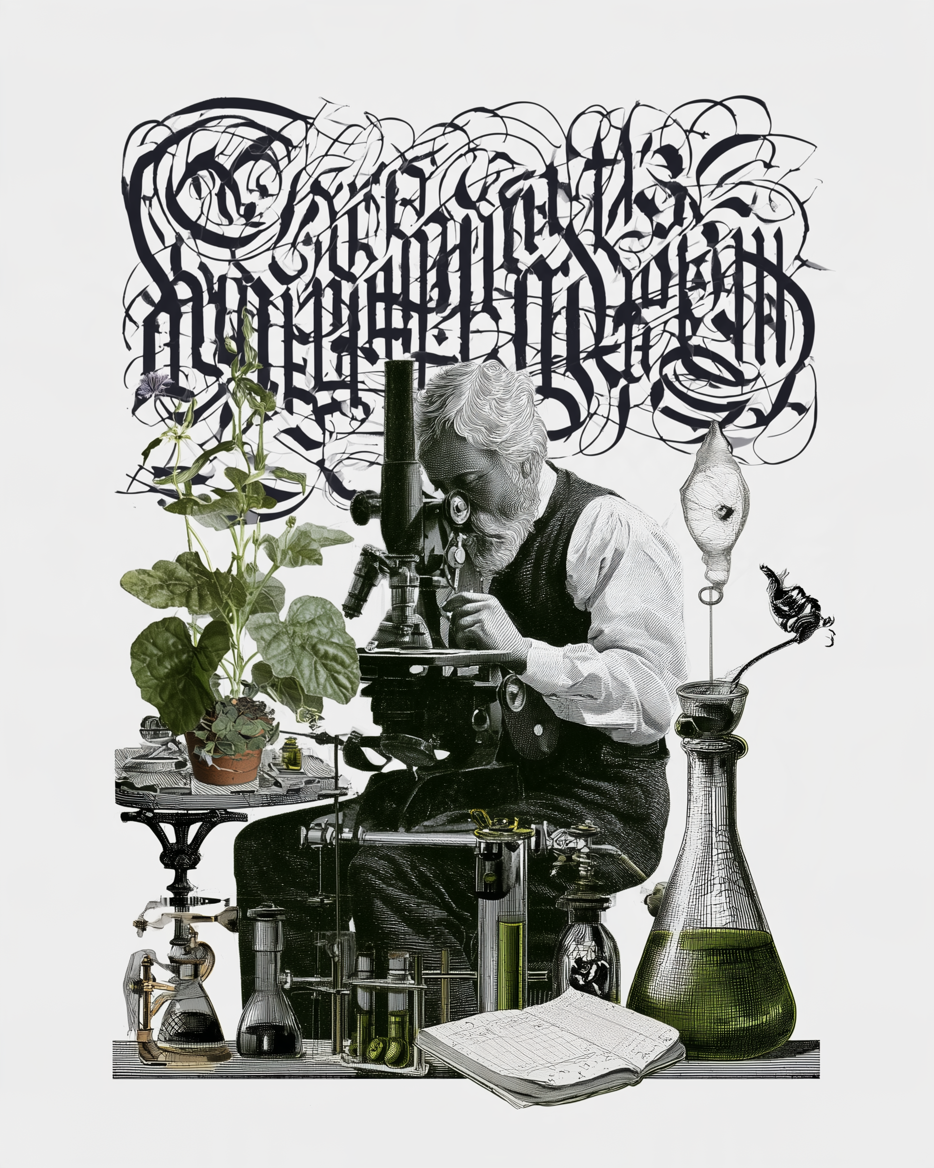 A black and white illustration of a person looking through a microscope, surrounded by plants, glass bottles, a notebook, and laboratory equipment, with abstract calligraphic text in the background.