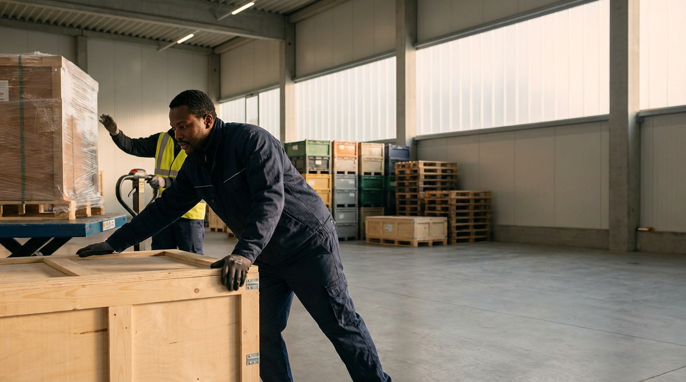 Two workers in a warehouse, one lifting a wooden crate while the other stands nearby. Storage shelves and pallets are visible in the background.
