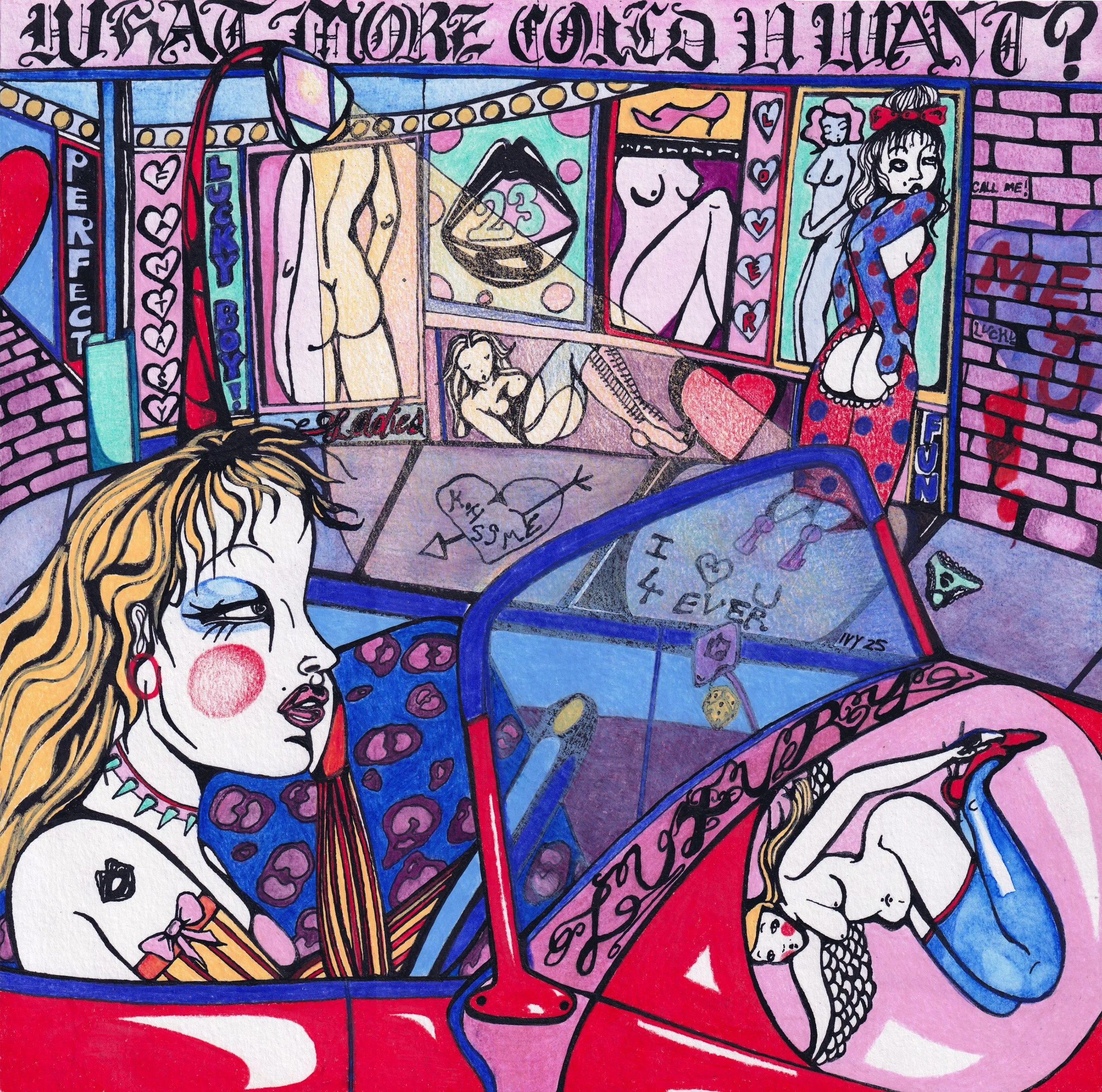 CONVERTIBLE LUXURY 2025 ink and coloured pencil on paper