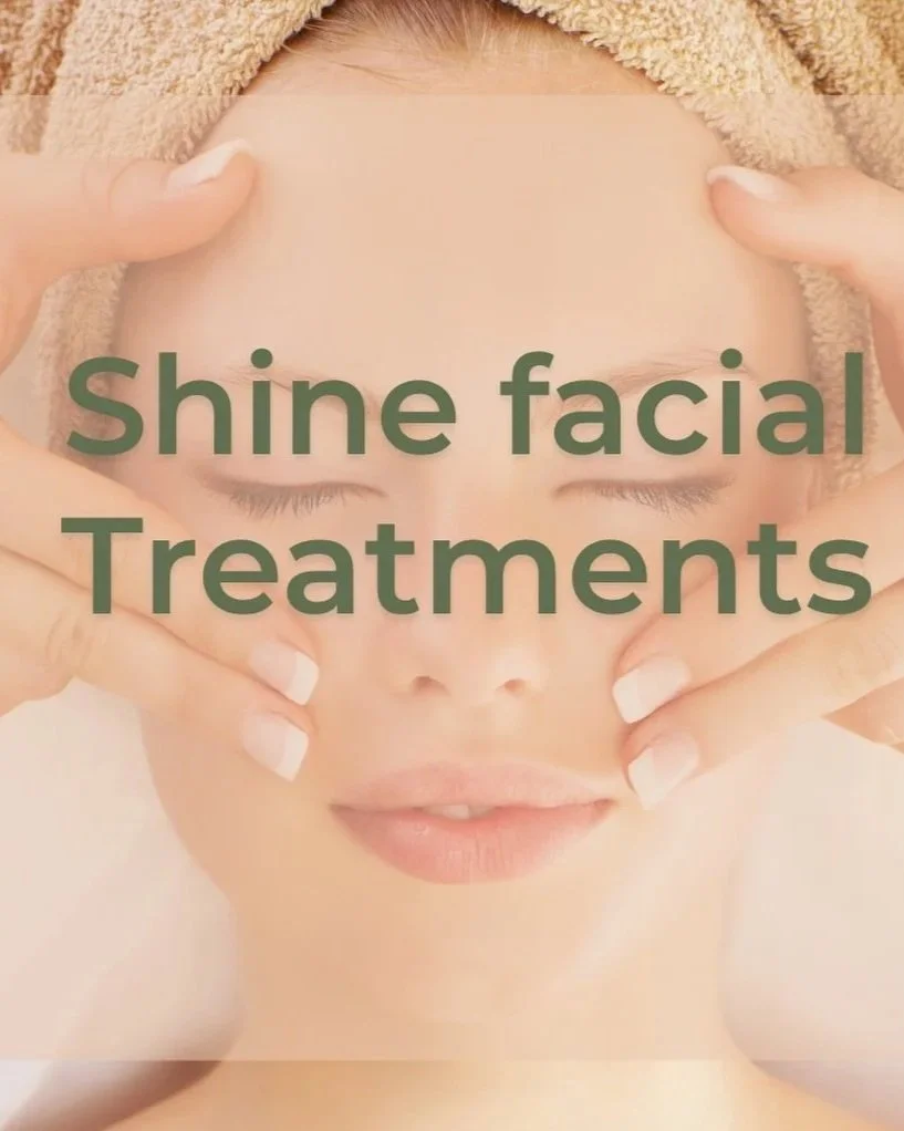 A person receiving a facial treatment, with hands gently pressing on their face, and the text 'Shine facial Treatments' overlaid.
