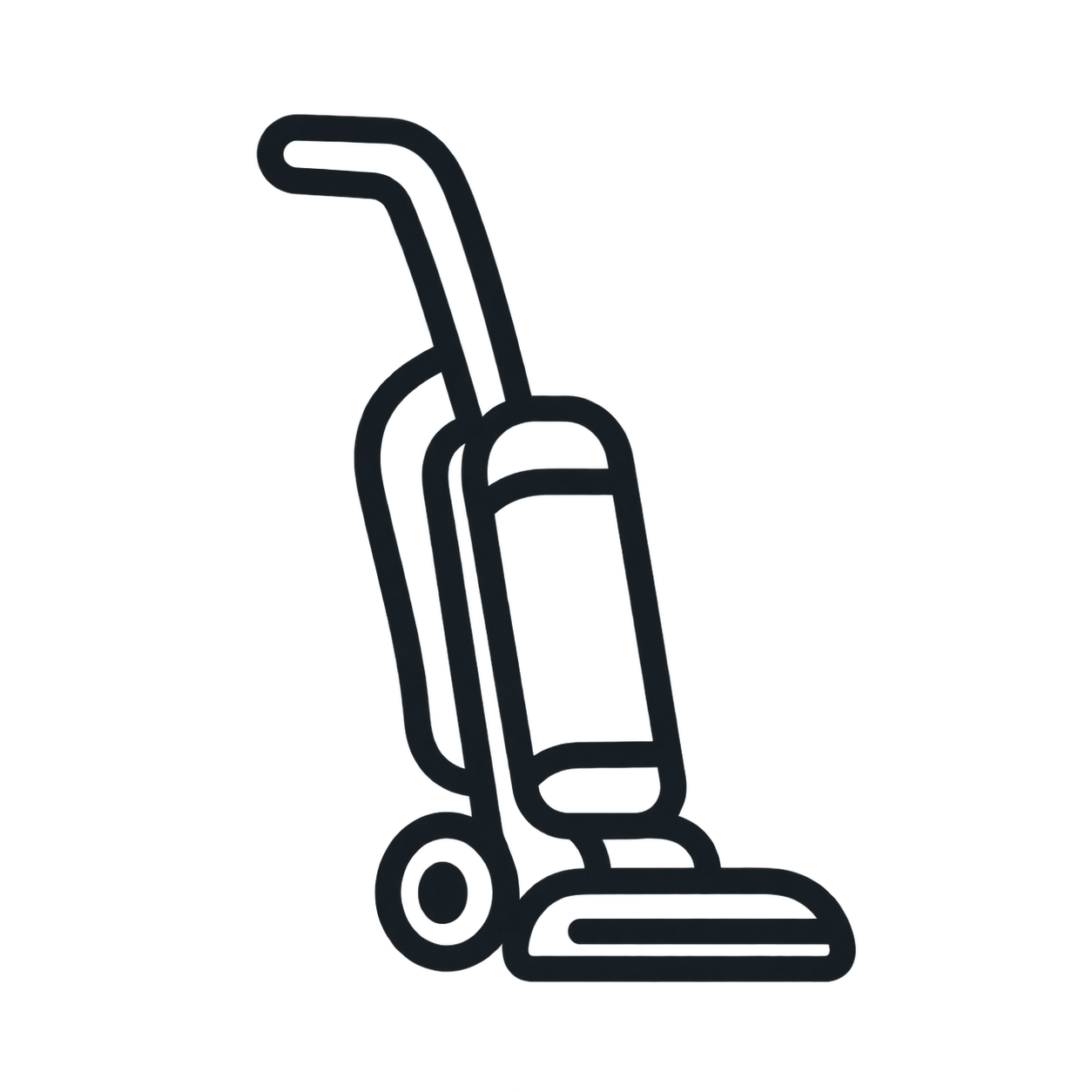 Outline drawing of a vacuum cleaner with a handle, body, and wheels.