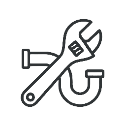 Line drawing of a wrench and pliers crossed with a screw and hook around them, all in gray on a black background.