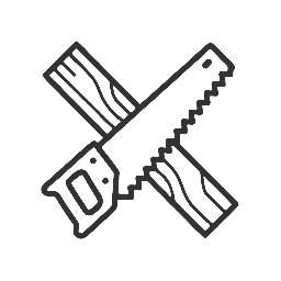 Outlined drawing of a carpenter's square and a saw crossed together.
