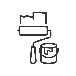 Line drawing of a paint roller and a paint can.