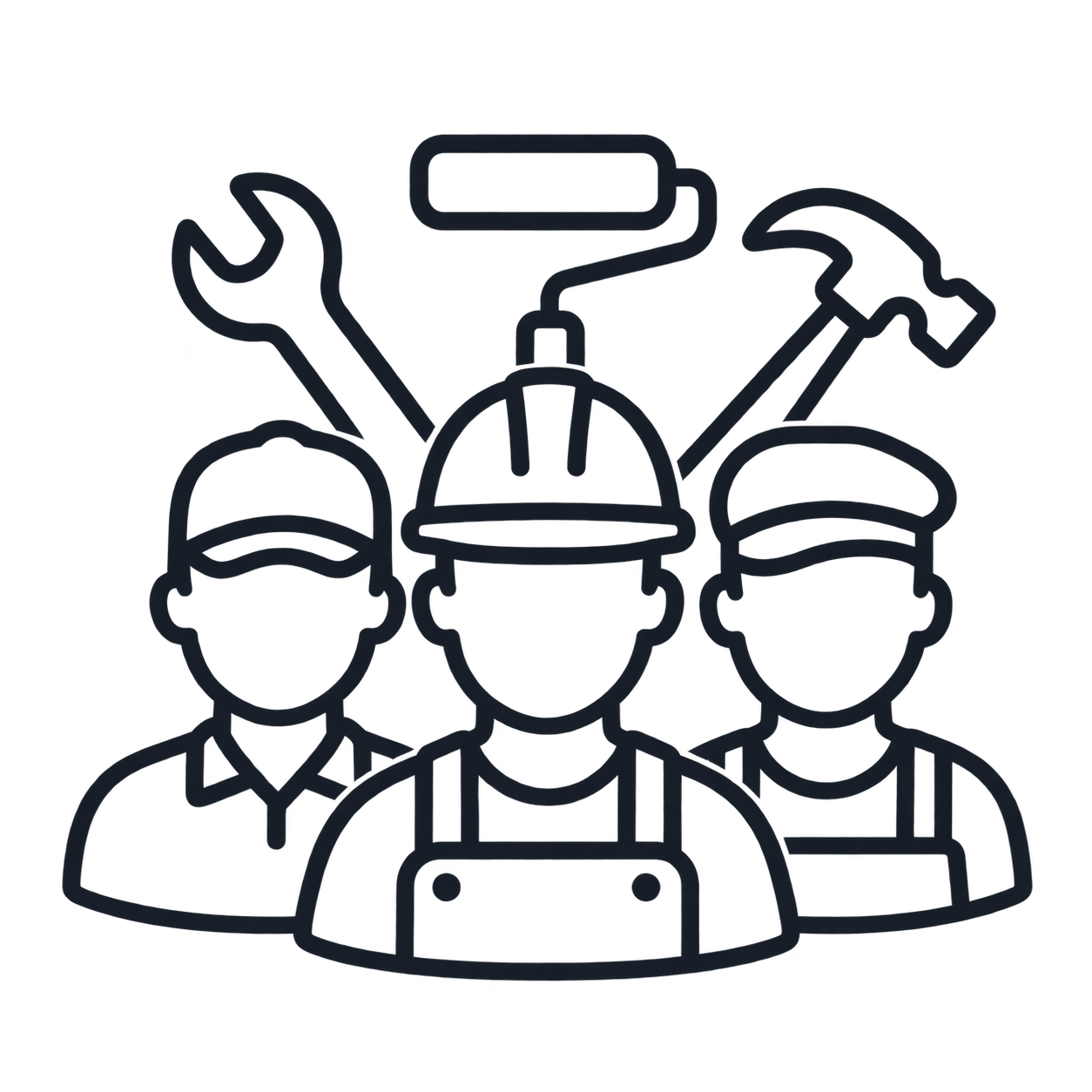 Line drawing of three construction workers with tools and safety gear, including a hard hat, wrench, hammer, and paint roller.