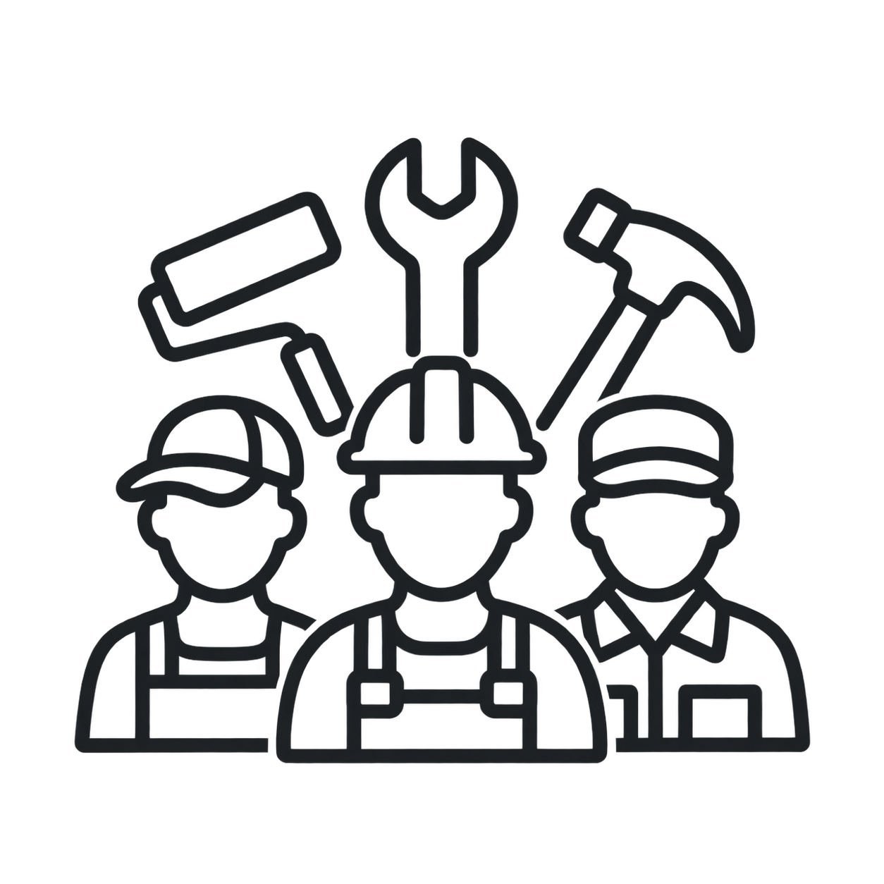 Line art illustration of workers with tools like hammer, wrench, screwdriver, and safety helmets, representing manual labor or construction work.