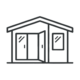 Outline of a small house with a pitched roof, glass door, and a window on each side, on a black background.