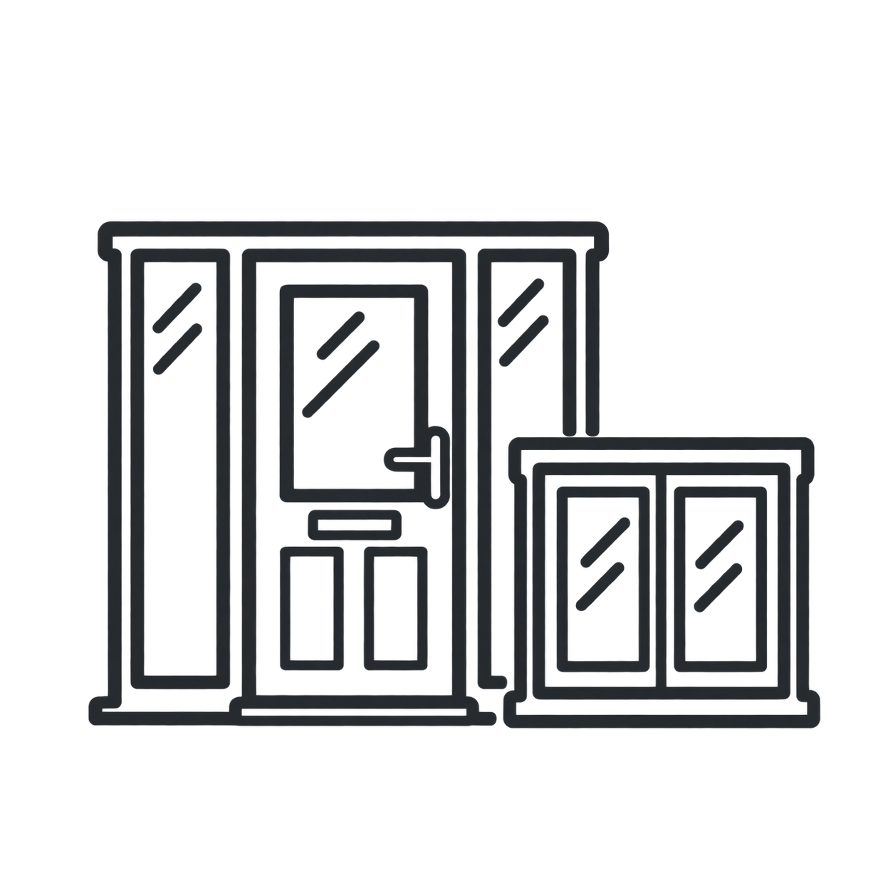 Outline drawing of a tall rectangular cabinet with glass doors and a smaller cabinet with glass doors next to it.