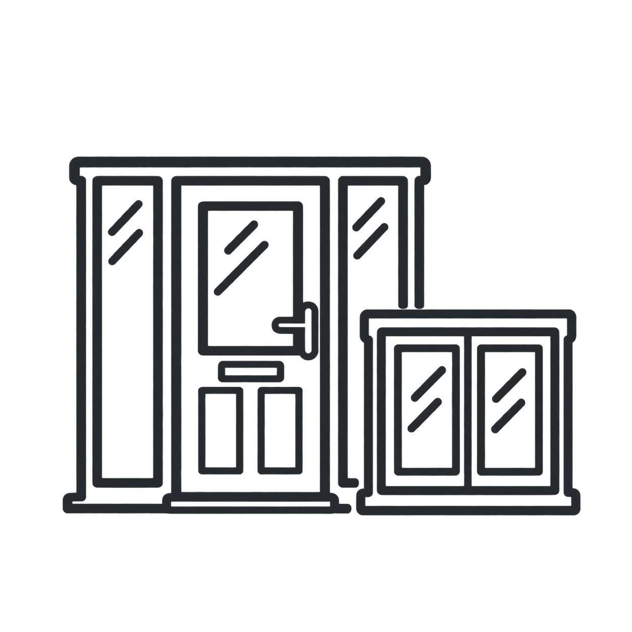 Outline drawing of a front door with side windows, and a smaller door or window structure on the right.