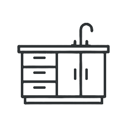 Line drawing of a kitchen sink with cabinets and drawers underneath.