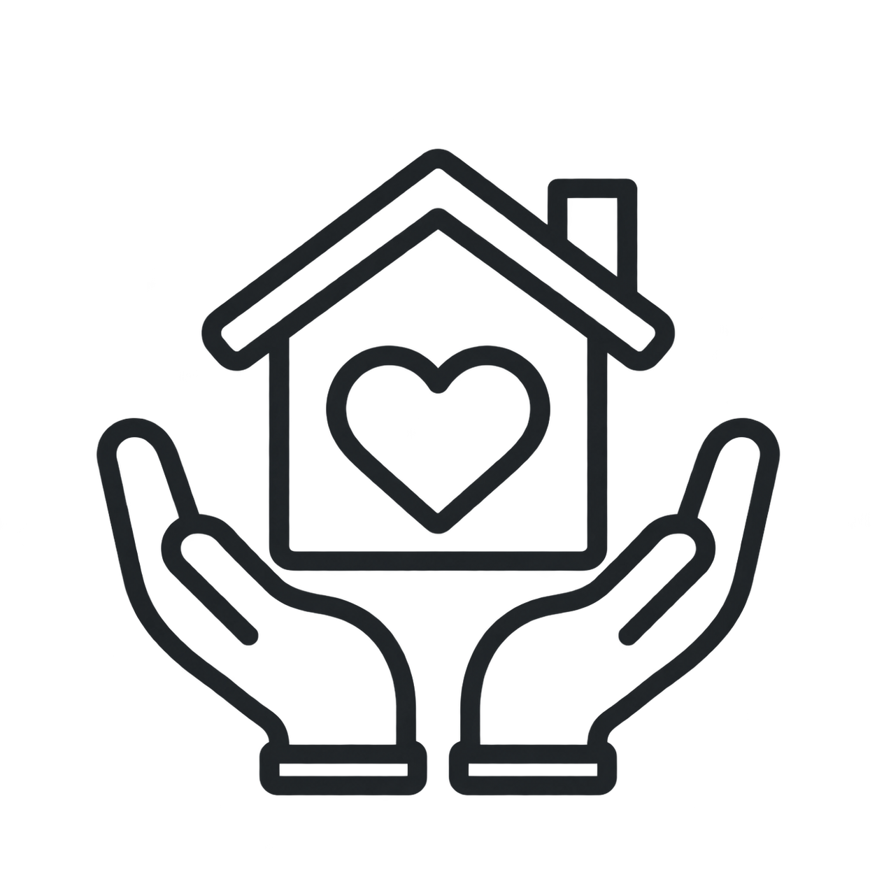 Outline of two hands holding a house with a heart inside.