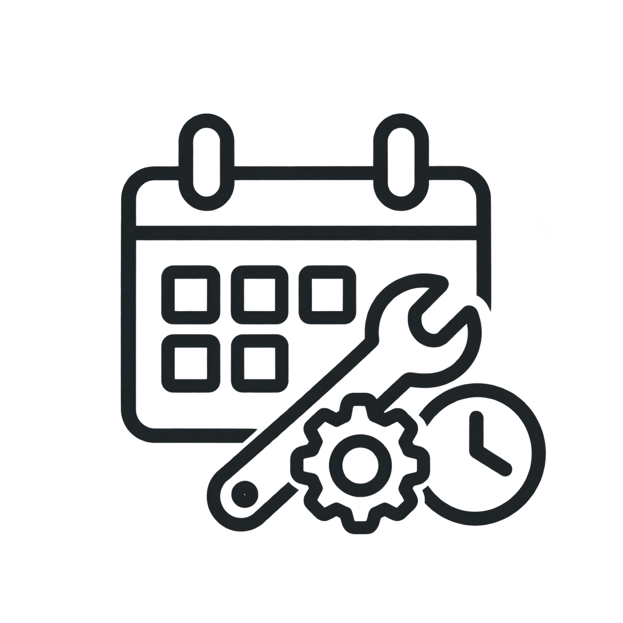 Icon of a calendar, wrench, gear, and clock, representing scheduling and maintenance.