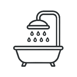 Outline of a bathtub with a showerhead and water drops.