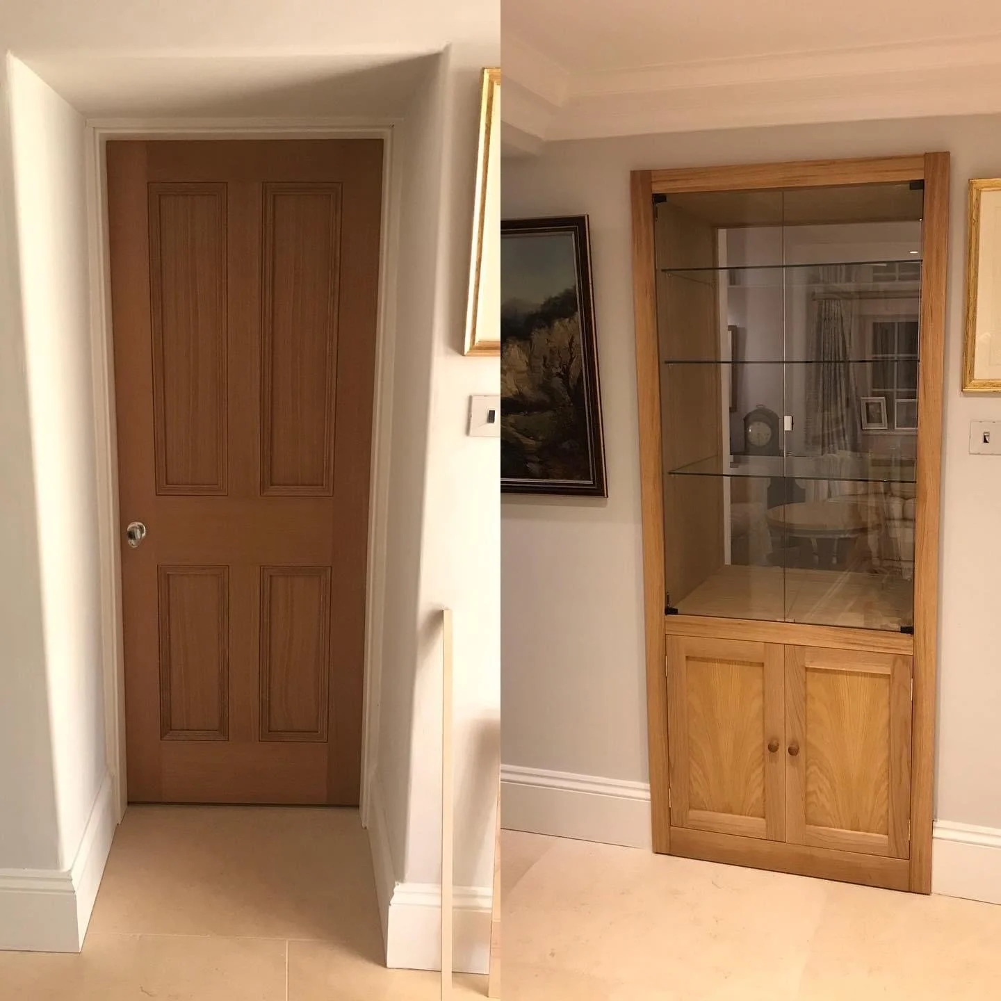 Comparison of two wooden cabinets: The left is a simple, closed door, the right is an open display cabinet with glass doors and shelves, and a lower storage compartment.