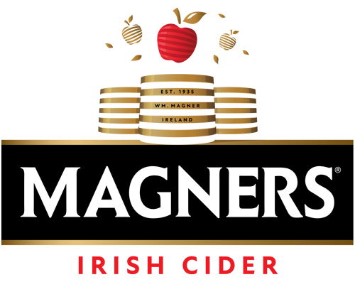 Magners Irish cider logo with gold coins and a red apple on top.