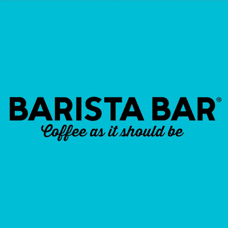 Barista Bar logo with the tagline "coffee as it should be" on a teal background.