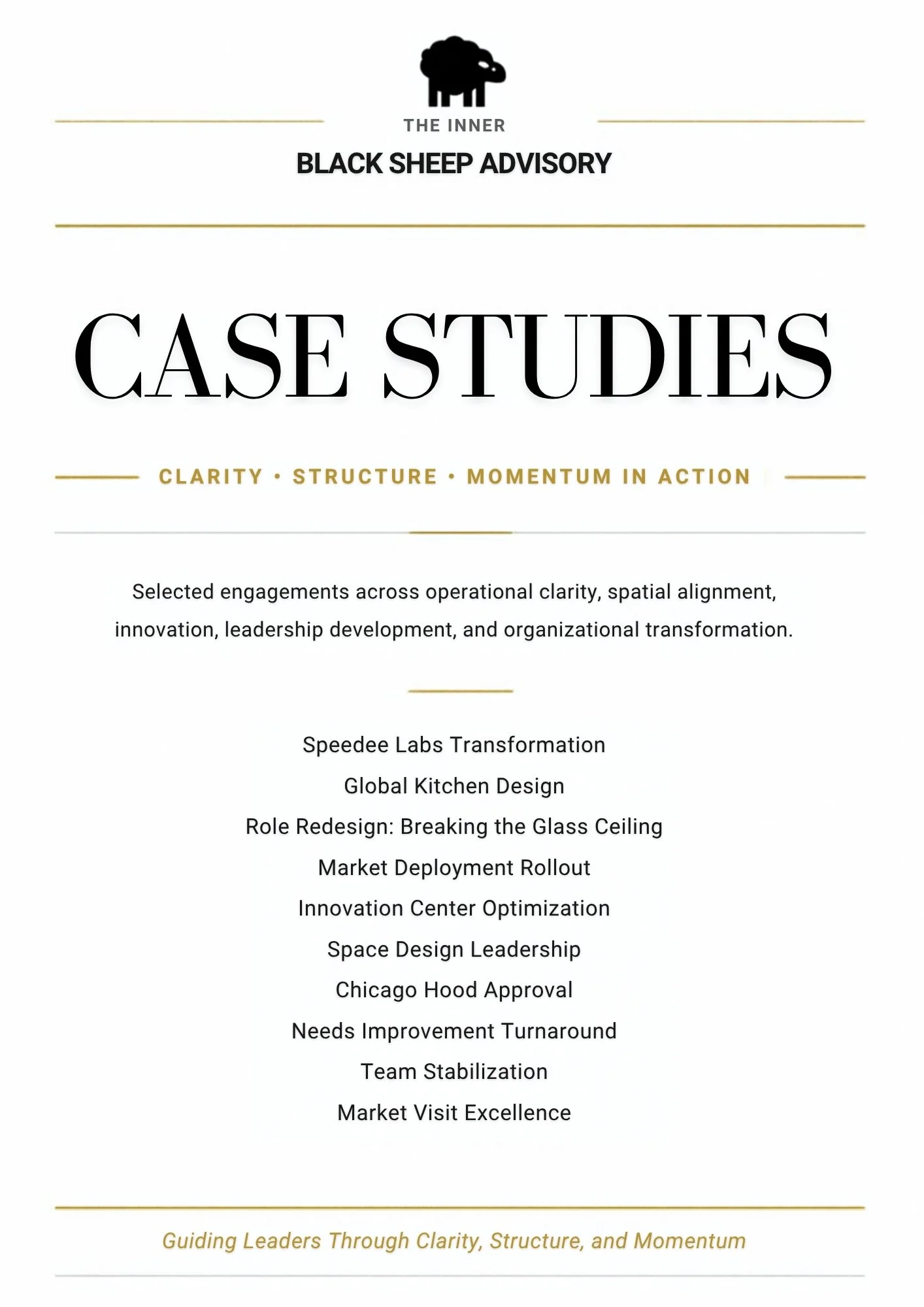 Cover page for a case studies report titled 'The Inner Black Sheep Advisory,' featuring a black sheep logo, with sections on clarity, structure, momentum, and a footer with the slogan 'Guiding Leaders Through Clarity, Structure, and Momentum.'