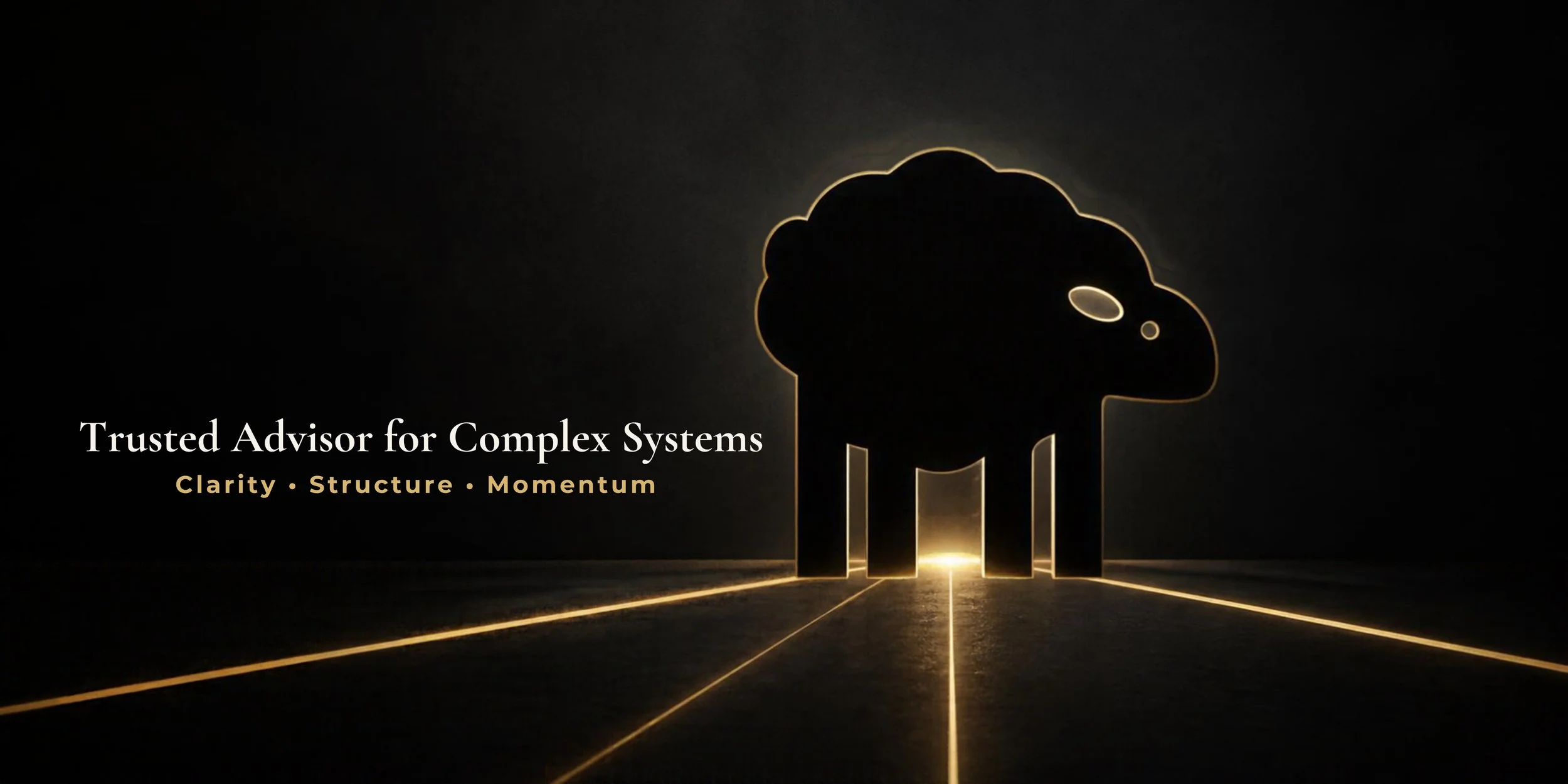 A black silhouette of a sheep with glowing outline of a bar chart on a dark background, with the text 'Trusted Advisor for Complex Systems' and 'Clarity · Structure · Momentum'.