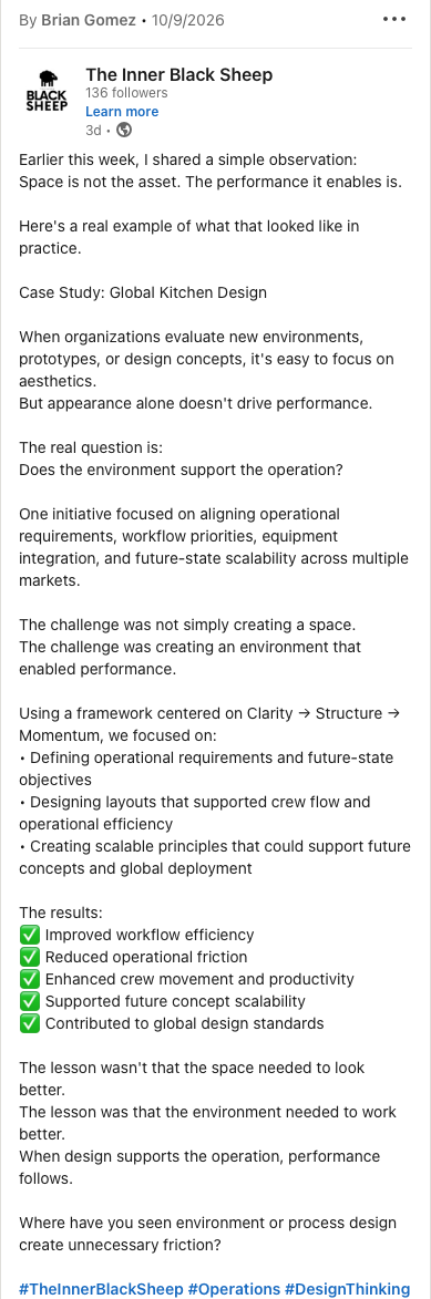 Screenshot of a LinkedIn post by The Inner Black Sheep discussing the importance of environment support in design, featuring a case study on global kitchen design, and emphasizing that performance depends on environment, not appearance.