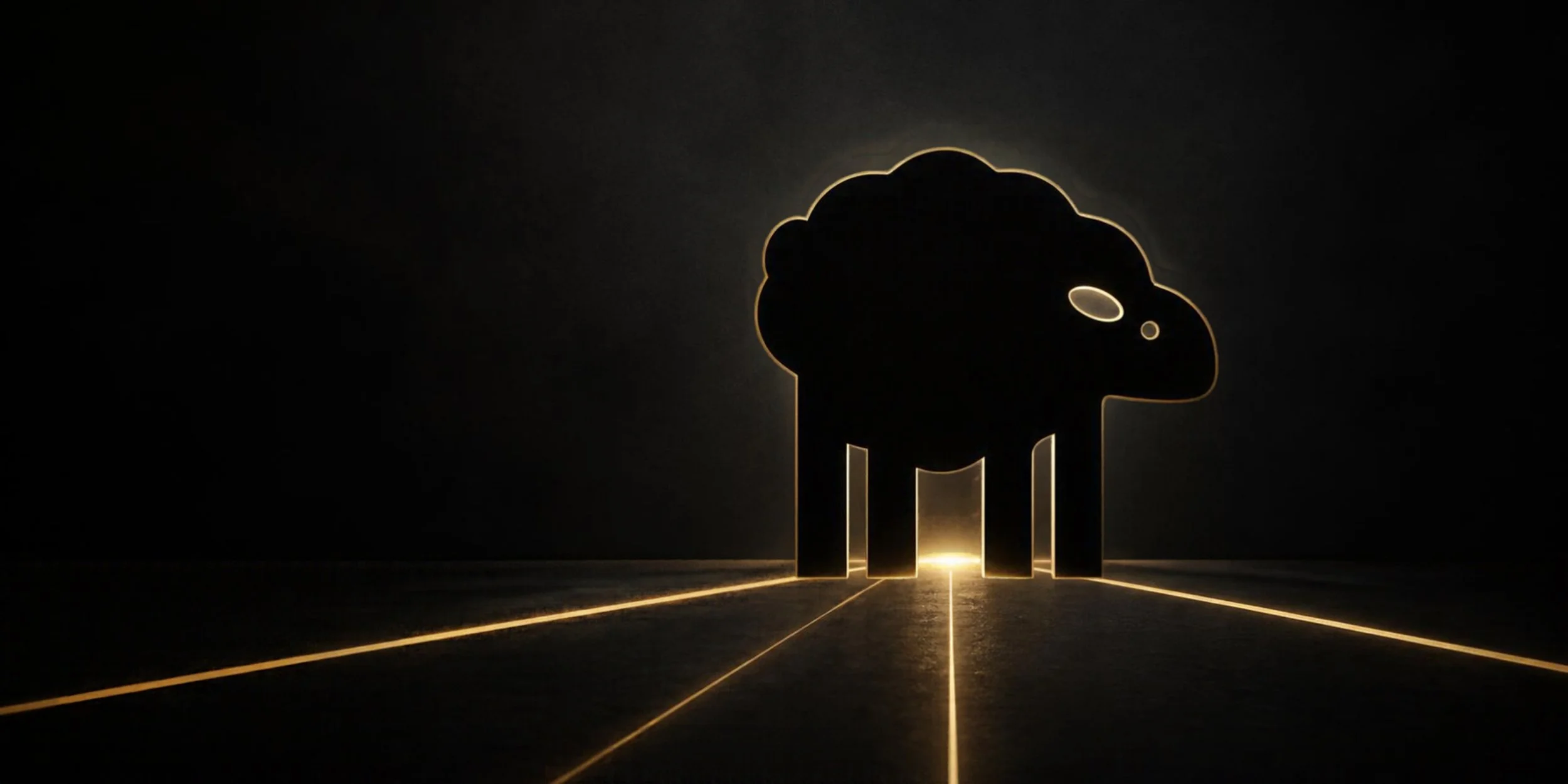 A silhouette of a stylized sheep, outlined in light, standing in front of a dark background with a glowing line underneath.