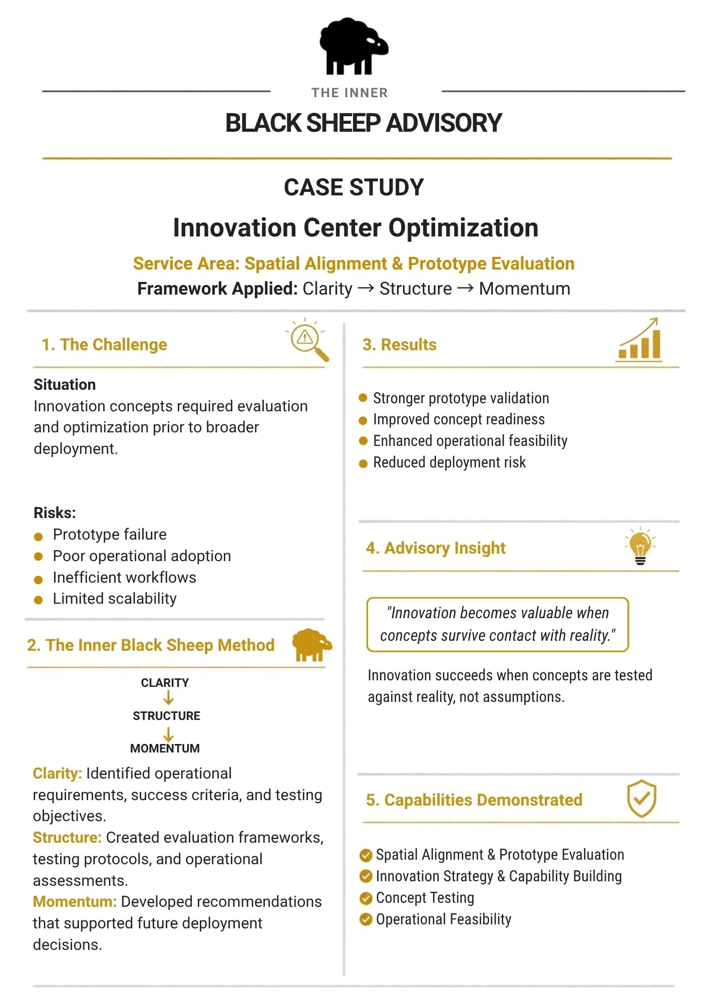 Case study infographic titled 'The Inner Black Sheep Advisory' with sections on challenges, methods, results, insights, and capabilities demonstrated, featuring icons of a sheep, magnifying glass, bar chart, lightbulb, and checkmarks.