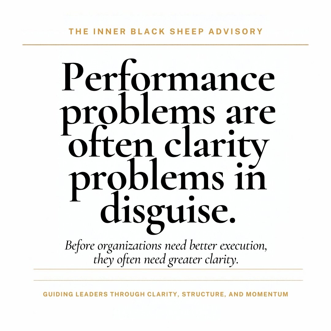 Quote about performance problems often being caused by lack of clarity, with a header mentioning 'The Inner Black Sheep Advisory' and a footer emphasizing guiding leadership through clarity, structure, and momentum.