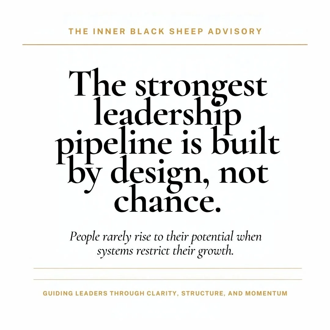 Quote about leadership and design from The Inner Black Sheep Advisory, emphasizing that strong leadership is built by design, not chance, with a subtitle about rising to potential.