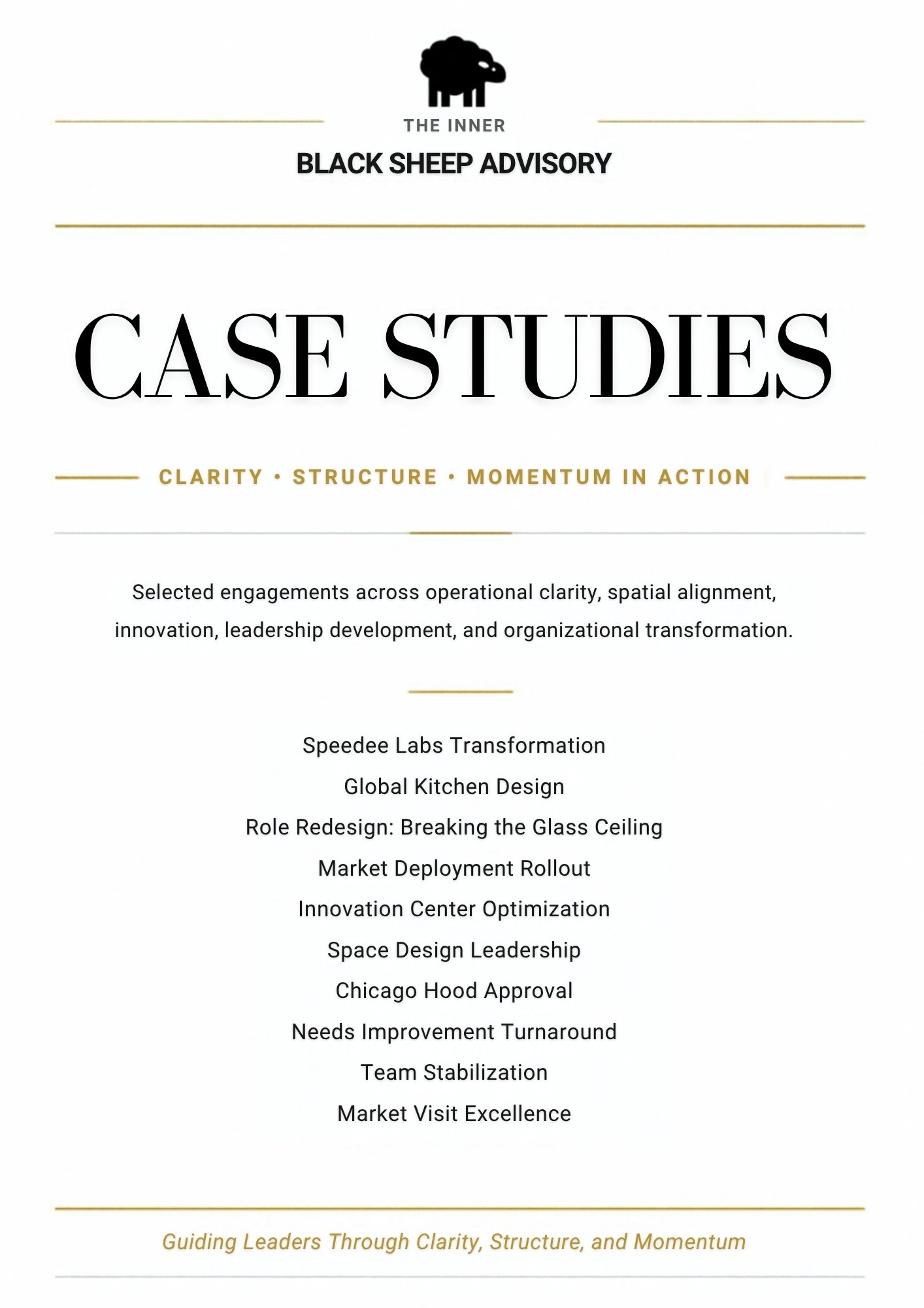 Cover page of a report titled 'Case Studies' by Black Sheep Advisory, with a black sheep logo at the top and a subtitle 'Clarity, Structure, Momentum in Action'; listing various case studies such as 'Speedee Labs Transformation' and 'Market Visit Excellence'; footer text 'Guiding Leaders Through Clarity, Structure, and Momentum'.
