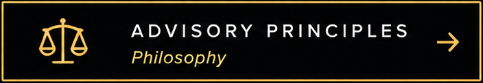 A black sign with gold symbols and text reading 'Advisory Principles Philosophy' and an arrow pointing to the right.