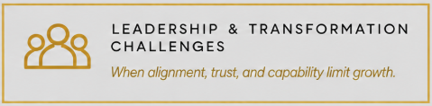Leadership and transformation challenges banner with an icon of three people and a yellow border.