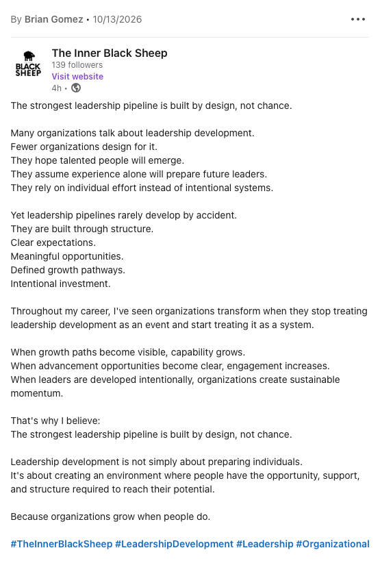 Screenshot of a LinkedIn post by The Inner Black Sheep, with text about leadership pipelines and development.