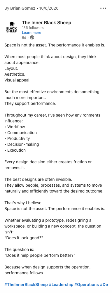 Screenshot of a social media post by The Inner Black Sheep discussing the importance of space and environment in design for performance, listing factors like workflow, communication, productivity, decision-making, and execution.