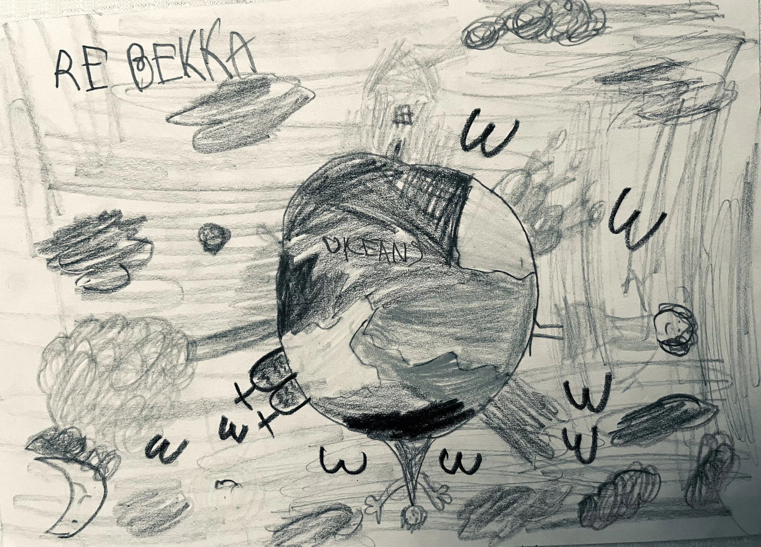Hand-drawn pencil sketch of a person wearing a beanie labeled “UKRAINE,” surrounded by crowds, buildings, and repeated handwritten “w” symbols.