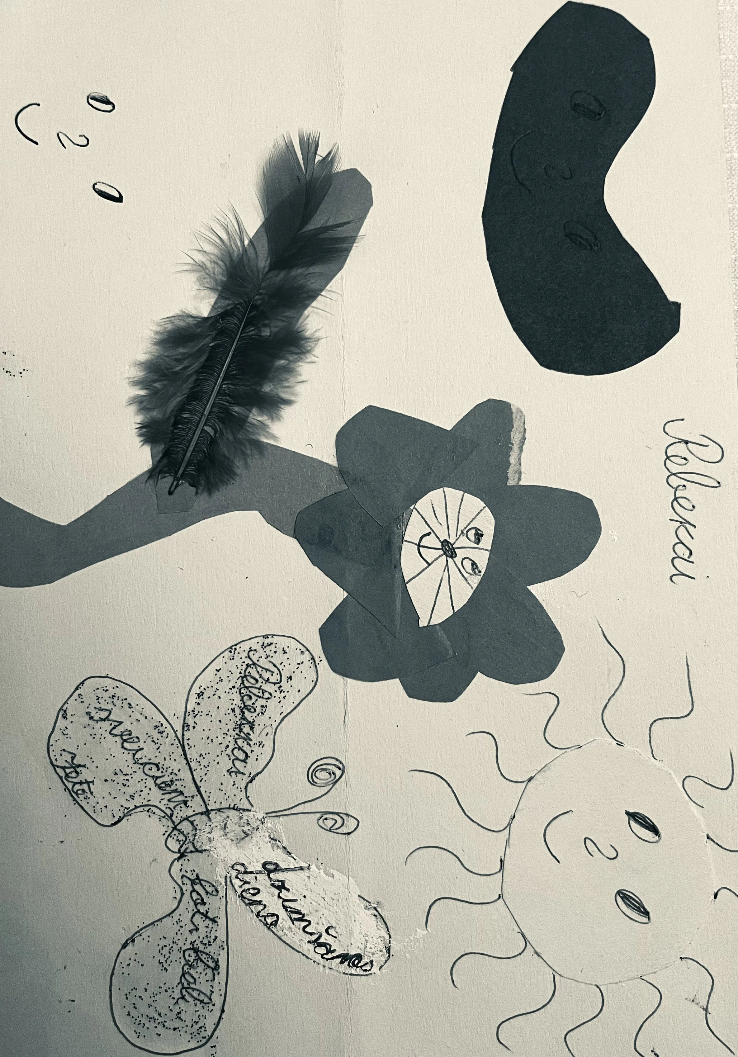 Black-and-white mixed-media artwork featuring a large feather, abstract cut-paper shapes, doodled flowers, and handwritten text.