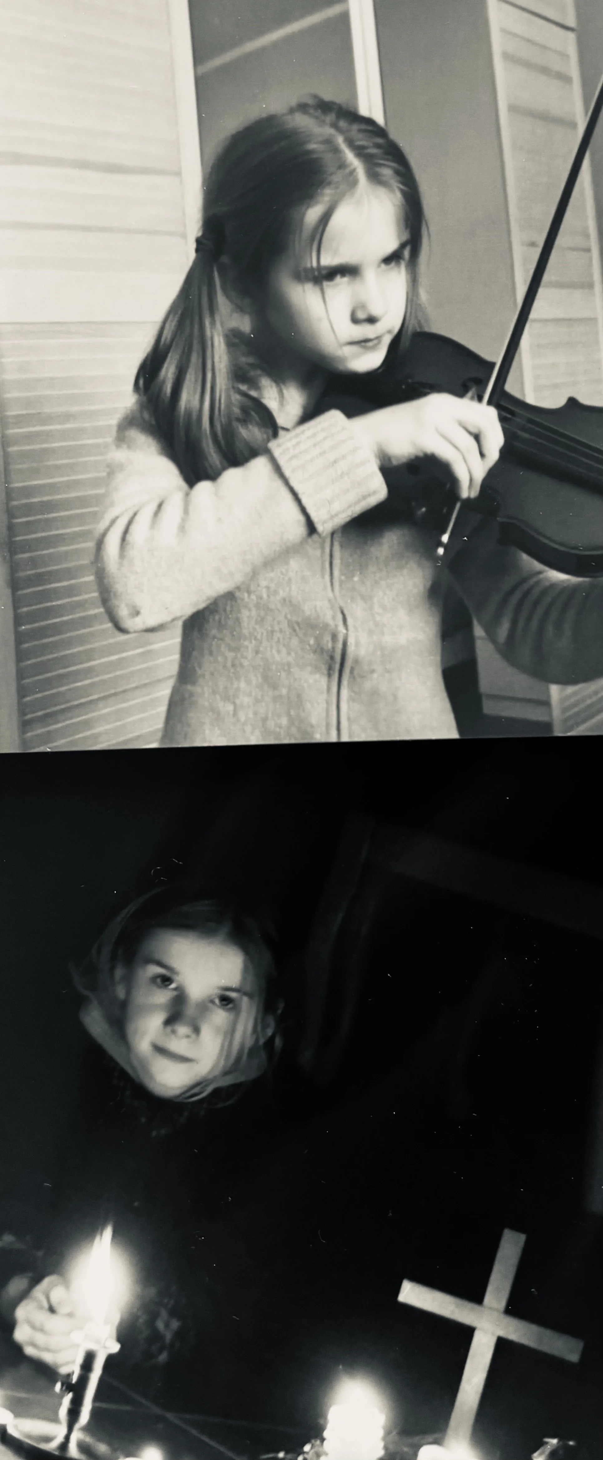 Black-and-white collage of a young woman playing violin, a child’s portrait, and a candlelit cross.