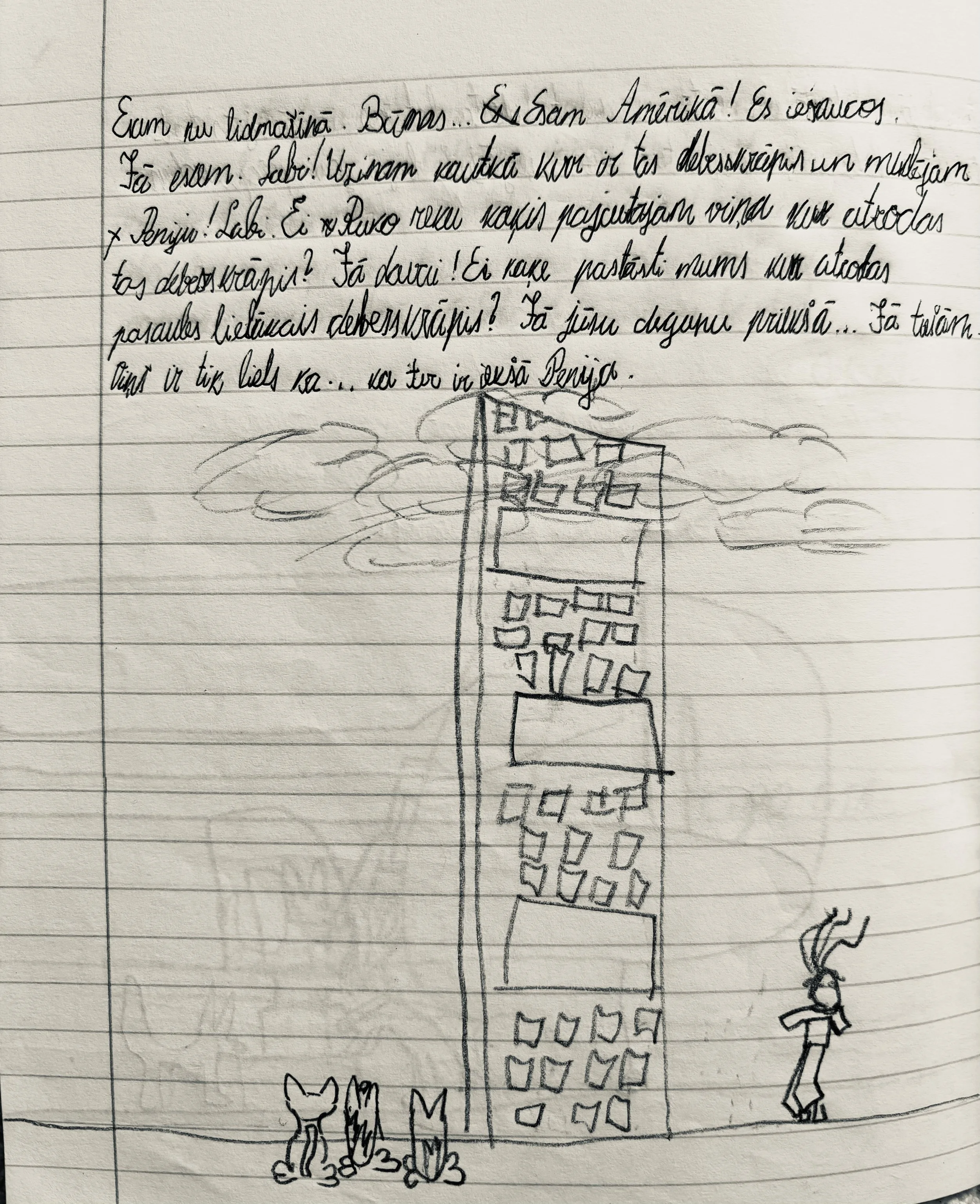 Handwritten Portuguese text above a whimsical pencil drawing of a tall, cloud-surrounded building with flags, windows, trees, and a walking person.
