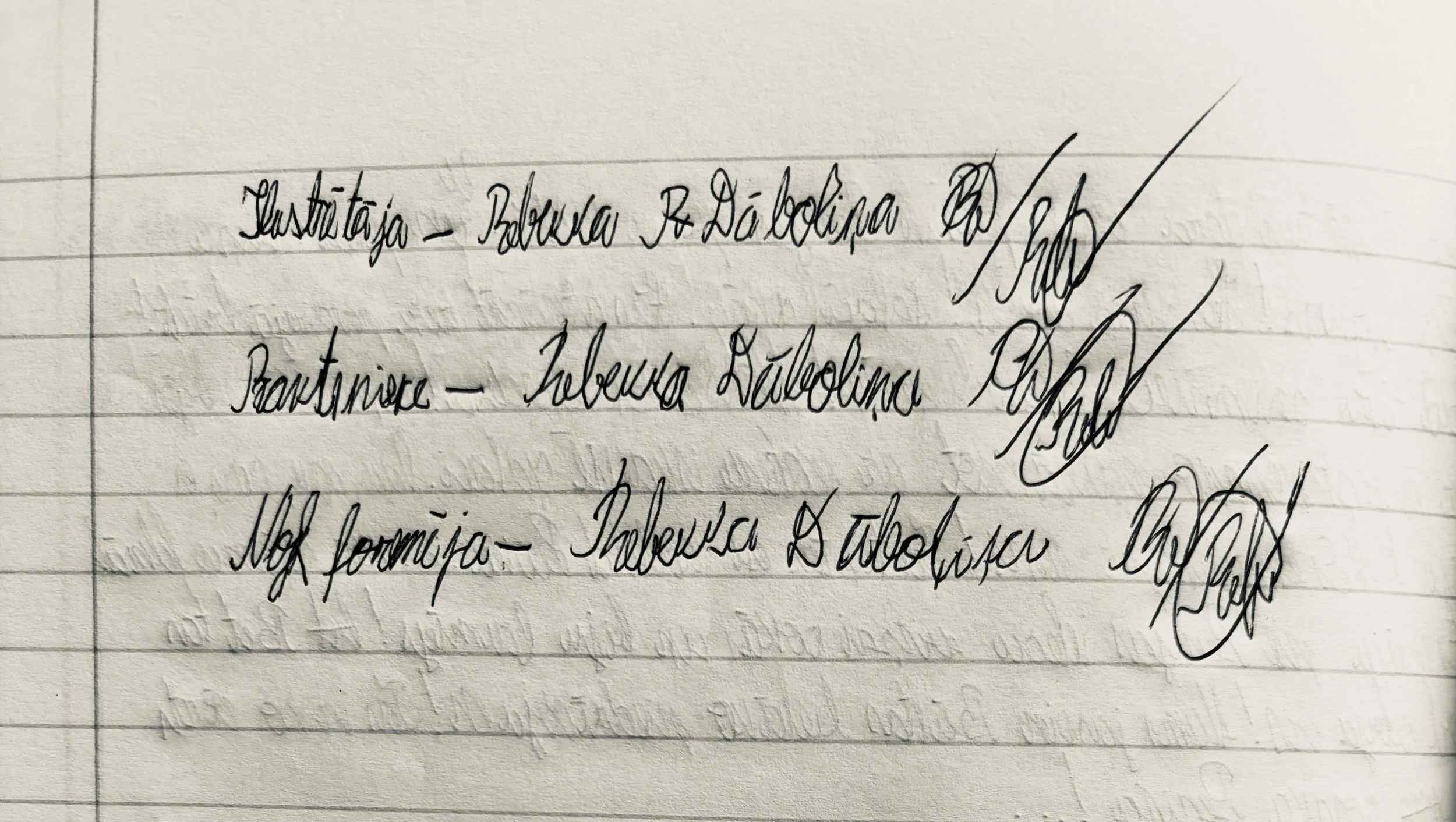 Handwritten Russian notes on lined paper with several words and large cursive signatures.