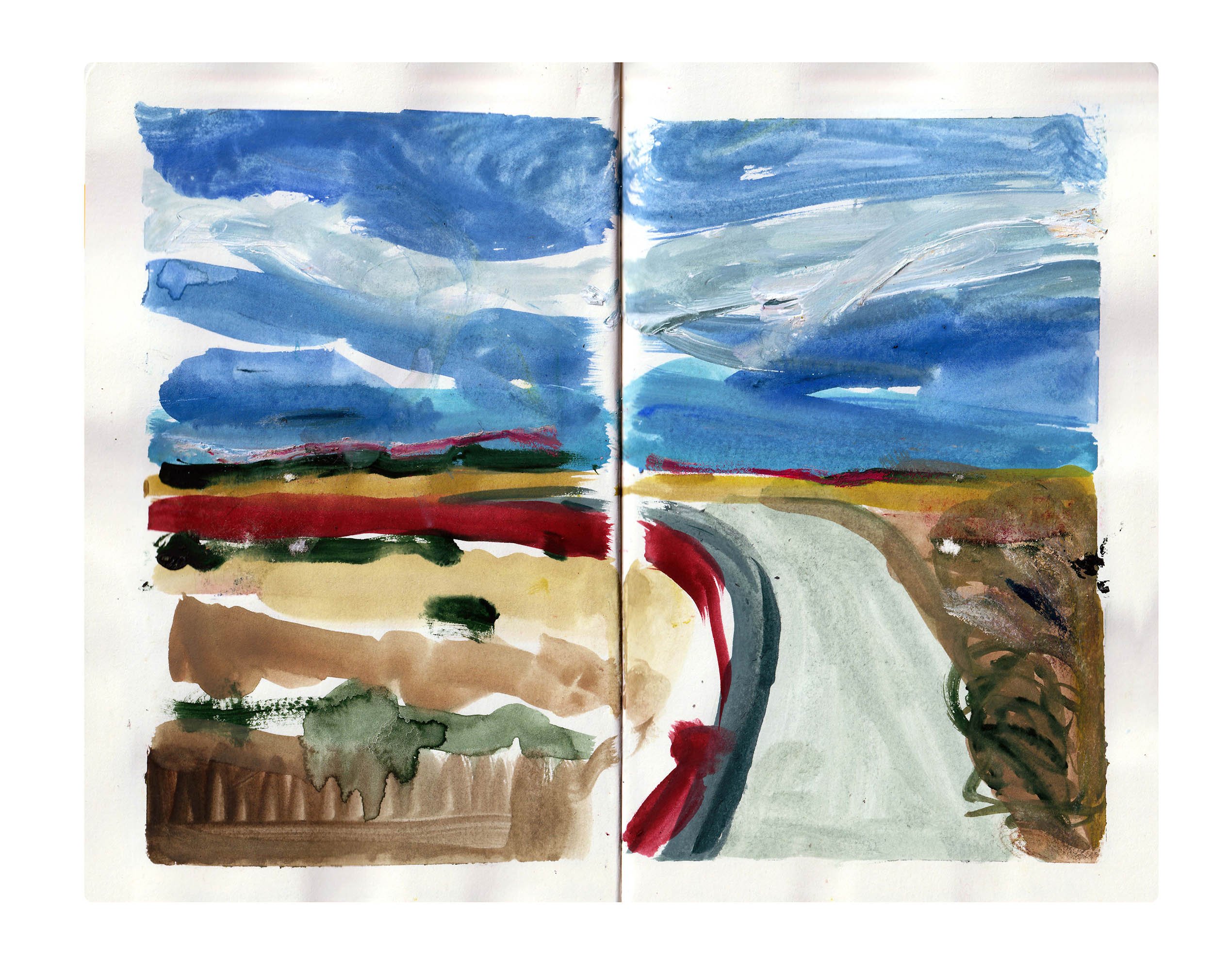 An abstract gouache painting with broad, colorful brushstrokes blending shades of blue, green, brown, black, red, and yellow across two pages. At the Ré Island, île de Ré, in France.