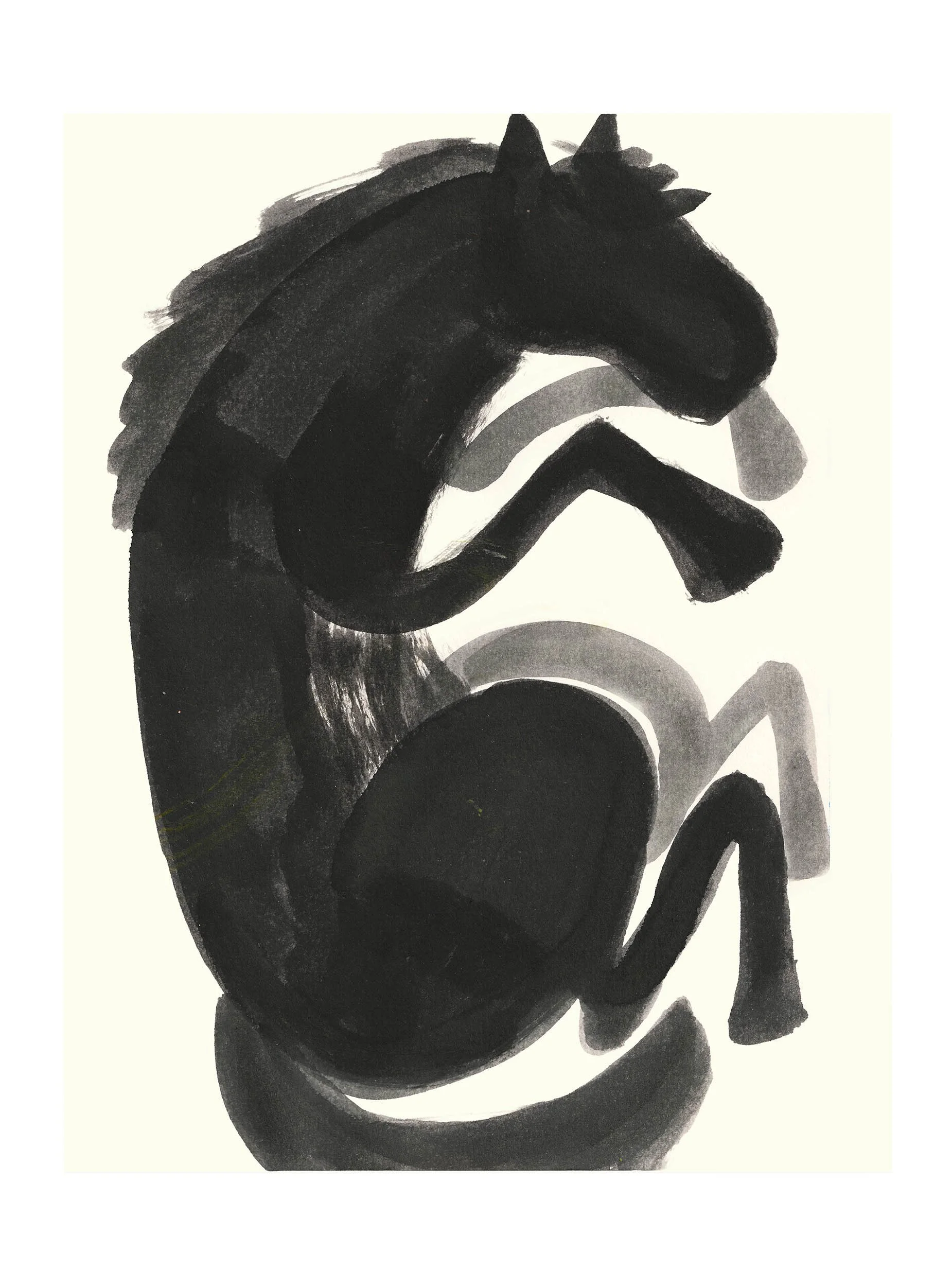 Abstract black and white ink painting featuring a swirling and curved horse.