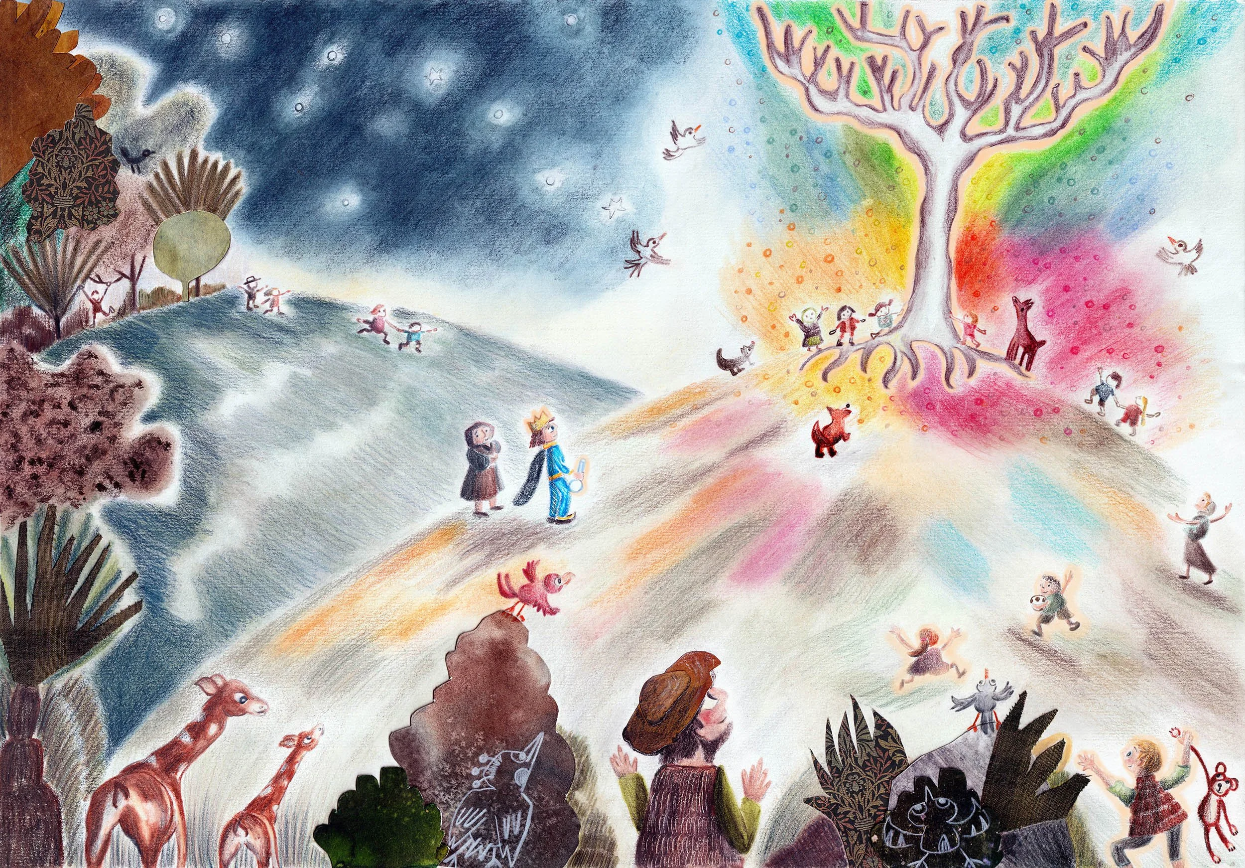 Colorful illustration of a fantasy scene with a rainbow-colored tree, animals, children playing, and a person in a crown.